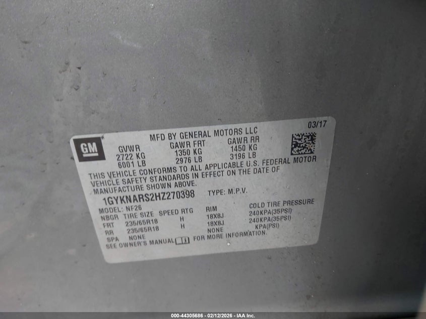 2017 Cadillac Xt5 Standard VIN: 1GYKNARS2HZ270398 Lot: 44305686