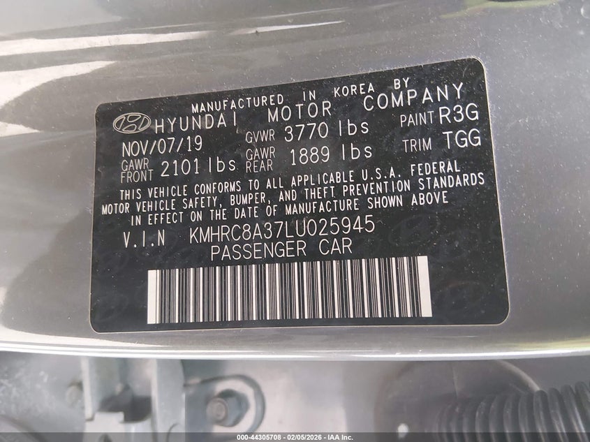 2020 Hyundai Venue Sel VIN: KMHRC8A37LU025945 Lot: 44305708