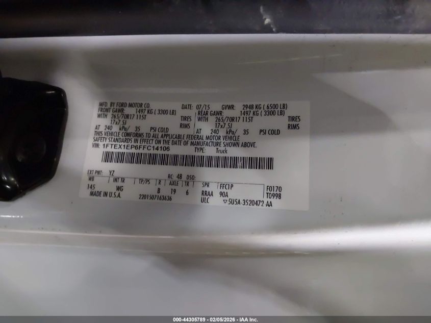 2015 Ford F-150 Xl VIN: 1FTEX1EP6FFC14106 Lot: 44305789
