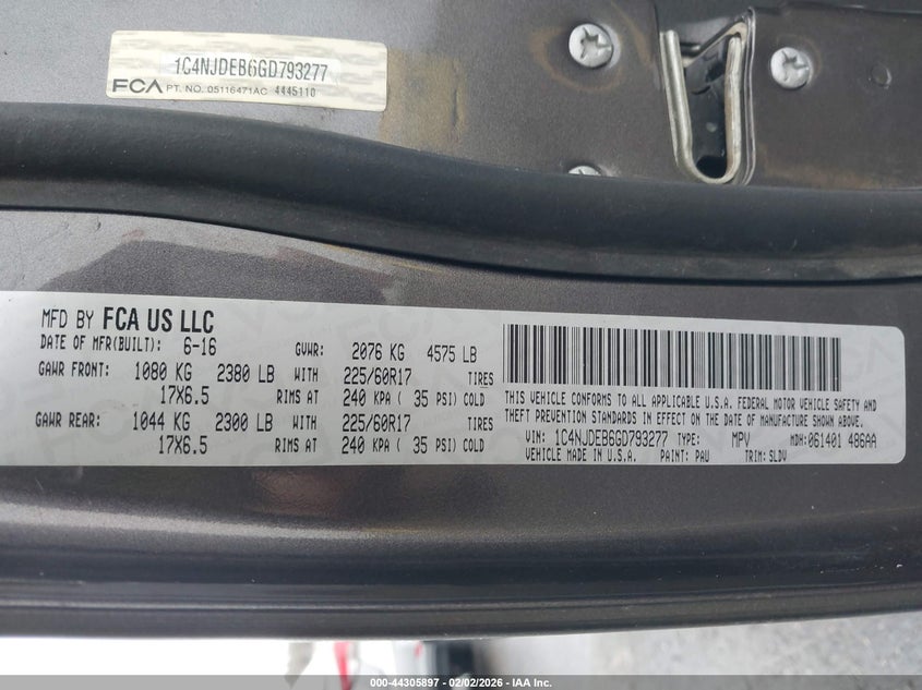 2016 Jeep Compass High Altitude Edition VIN: 1C4NJDEB6GD793277 Lot: 44305897