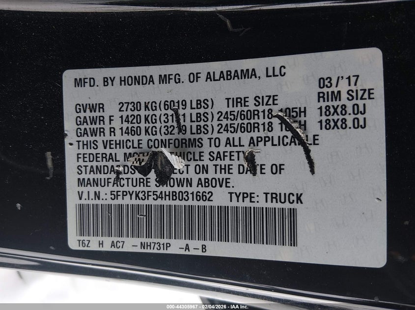 2017 Honda Ridgeline 3.5 Rtl Black Lot 111044305967 Vin 5FPYK3F54HB031662