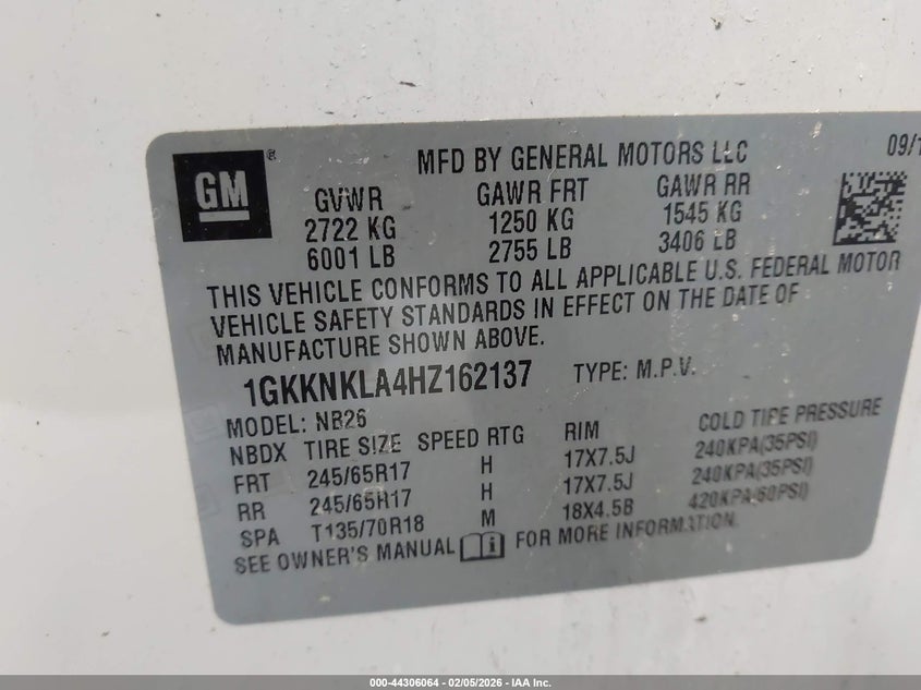 2017 GMC Acadia Sle-1 VIN: 1GKKNKLA4HZ162137 Lot: 44306064