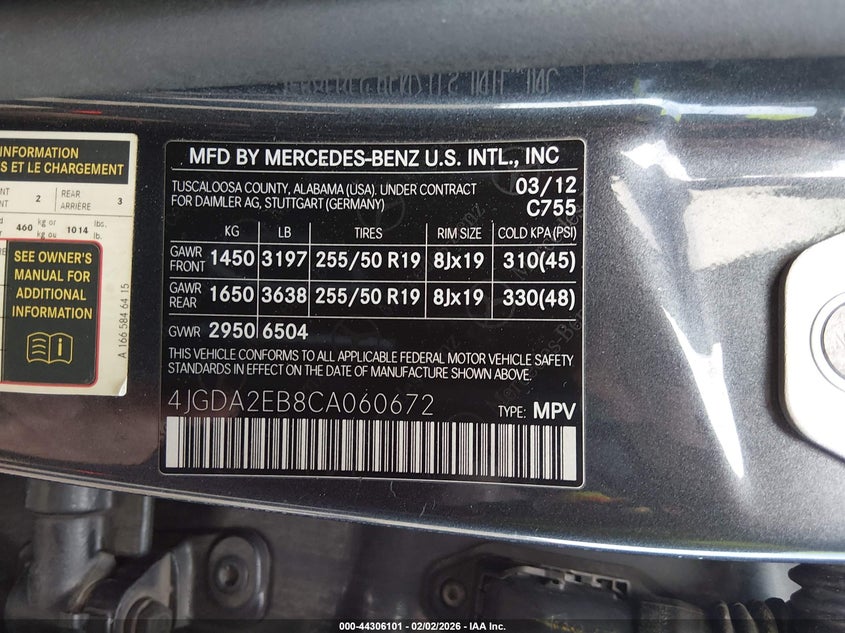 2012 Mercedes-benz M-klasse 3.0 Ml 350 Bluetec 4Matic grey Lot 111044306101 Vin 4JGDA2EB8CA060672