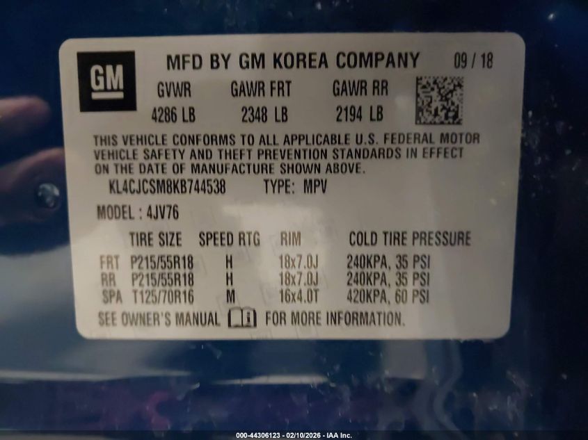 2019 Buick Encore Fwd Essence VIN: KL4CJCSM8KB744538 Lot: 44306123