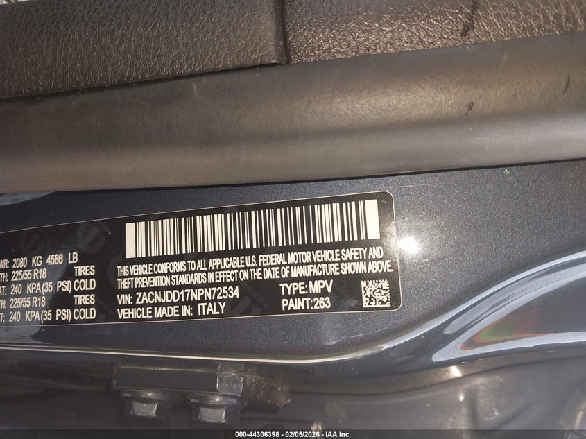 2022 Jeep Renegade Limited 4X4 VIN: ZACNJDD17NPN72534 Lot: 44306398