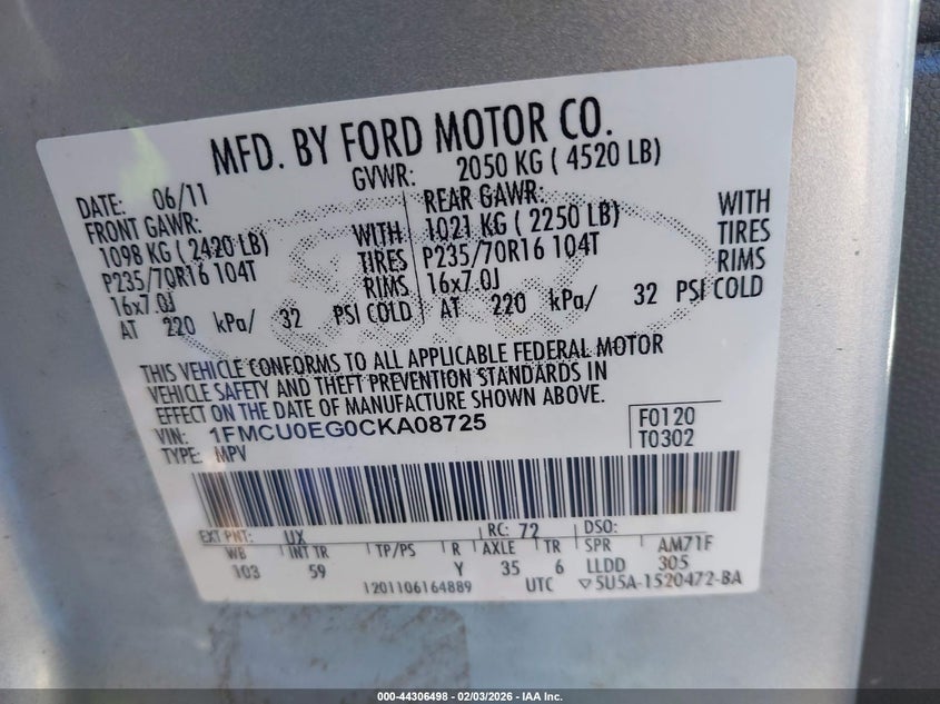 1FMCU0EG0CKA08725 2012 Ford Escape 3.0 Limited silver