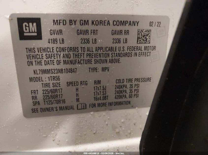 2022 Chevrolet Trailblazer Fwd Ls VIN: KL79MMS23NB104847 Lot: 44306618