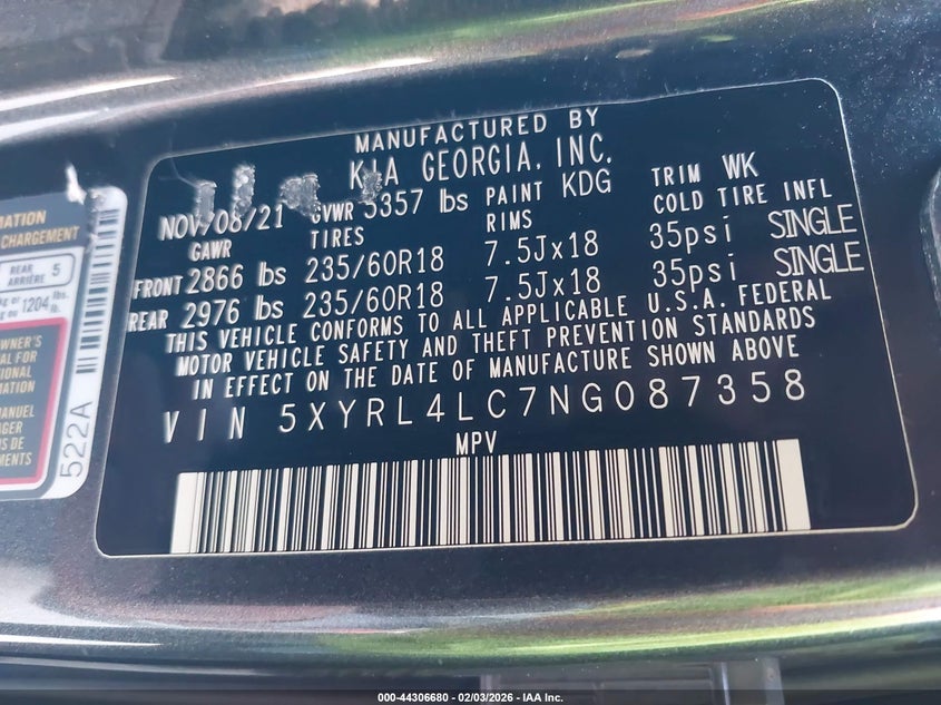 2022 Kia Sorento S VIN: 5XYRL4LC7NG087358 Lot: 44306680