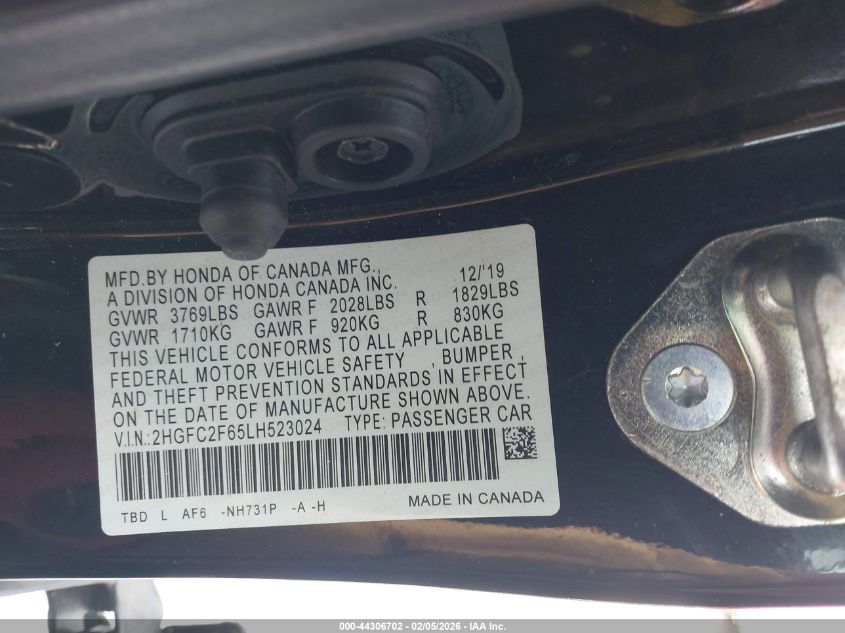 2020 Honda Civic Lx VIN: 2HGFC2F65LH523024 Lot: 44306702