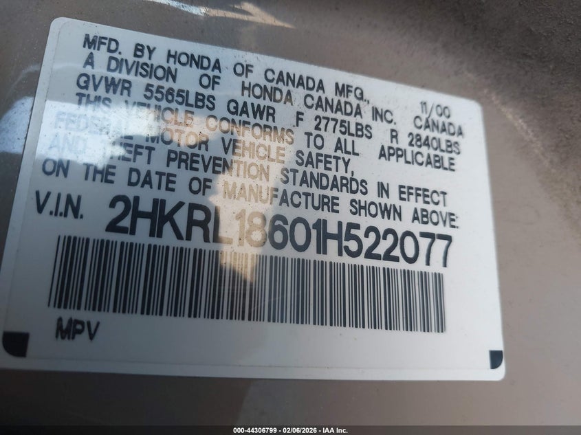 2001 Honda Odyssey Ex VIN: 2HKRL18601H522077 Lot: 44306799