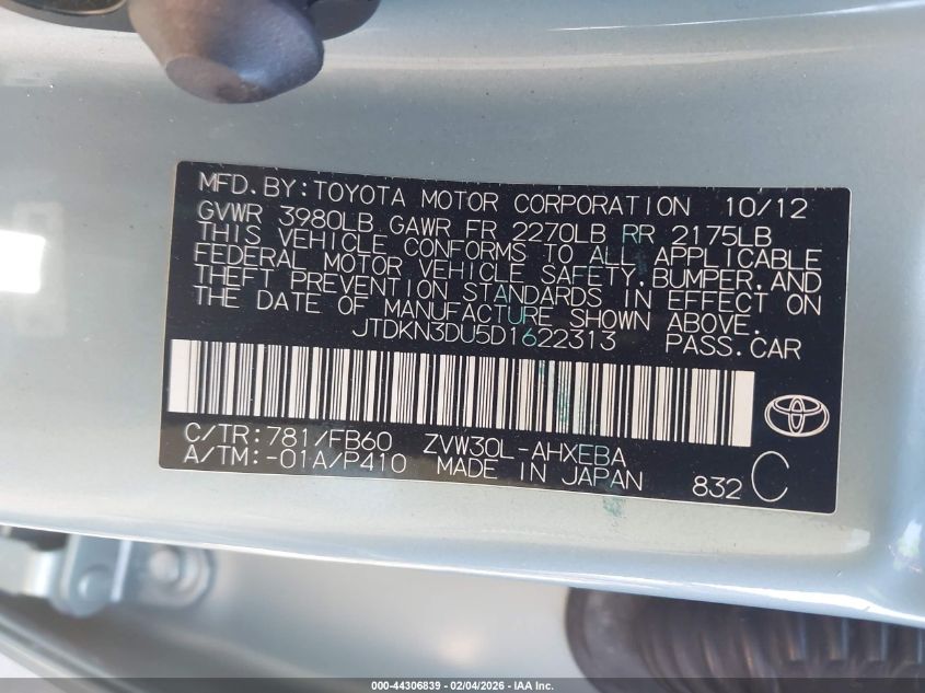 2013 Toyota Prius Two VIN: JTDKN3DU5D1622313 Lot: 44306839