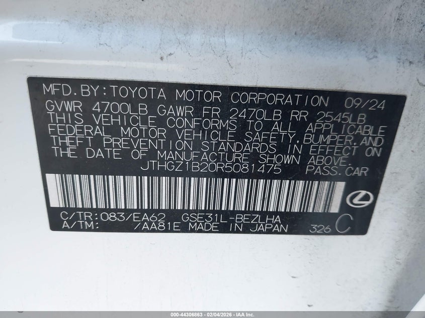 2024 Lexus Is 3.5 Is 350 F Sport white Lot 111044306863 Vin JTHGZ1B20R5081475