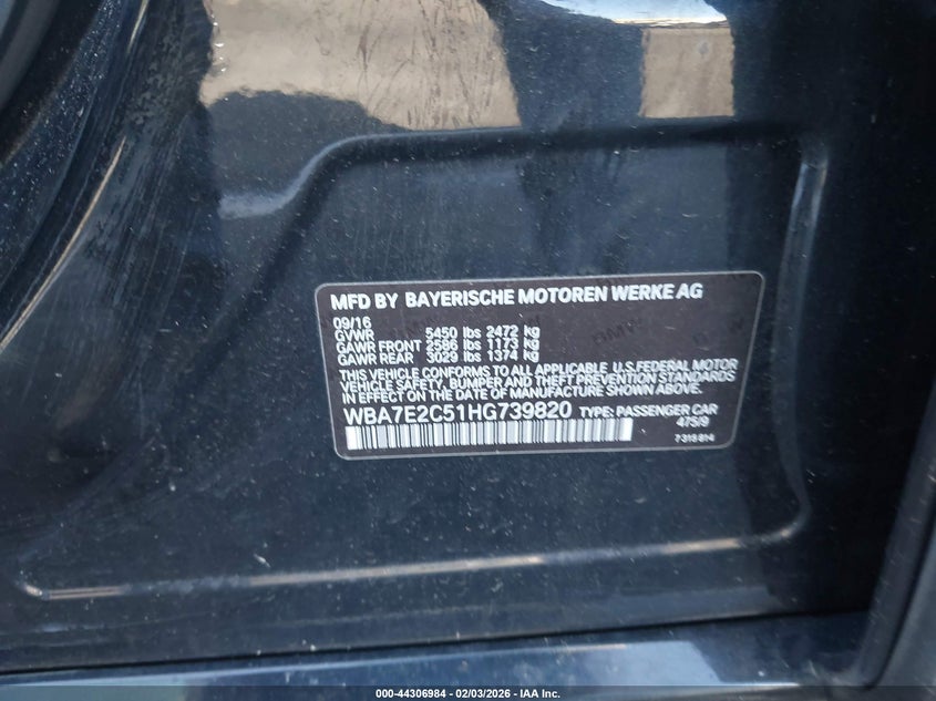 2017 BMW 740I VIN: WBA7E2C51HG739820 Lot: 44306984