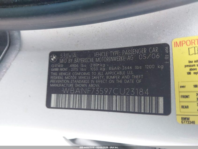 2007 BMW 530Xi VIN: WBANF73597CU23184 Lot: 44307018