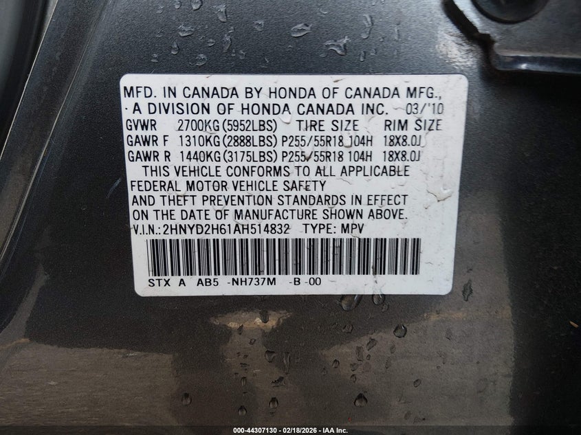 2010 Acura Mdx Technology Package VIN: 2HNYD2H61AH514832 Lot: 44307130