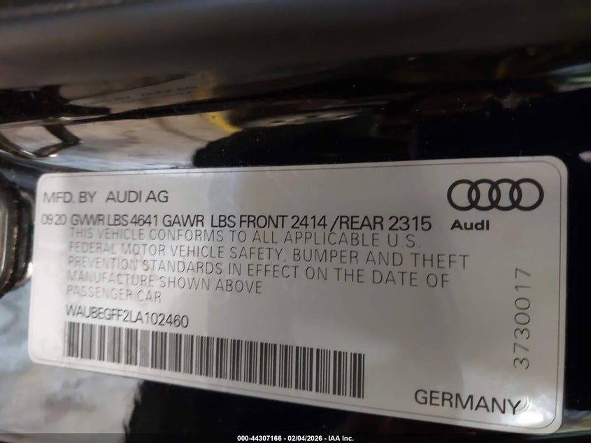 2020 Audi A3 Premium 45 Tfsi S Line Quattro S Tronic VIN: WAUBEGFF2LA102460 Lot: 44307166