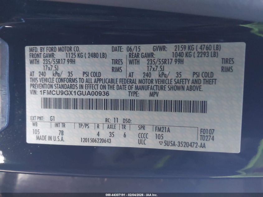 2016 Ford Escape Se VIN: 1FMCU9GX1GUA00936 Lot: 44307191