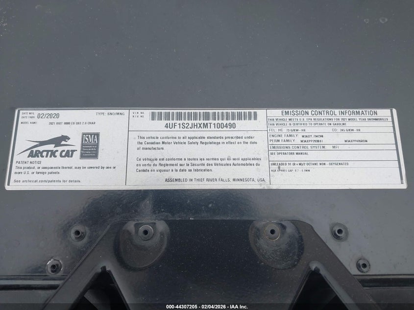 2021 Arctic Cat Other VIN: 4UF1S2JHXMT100490 Lot: 44307205
