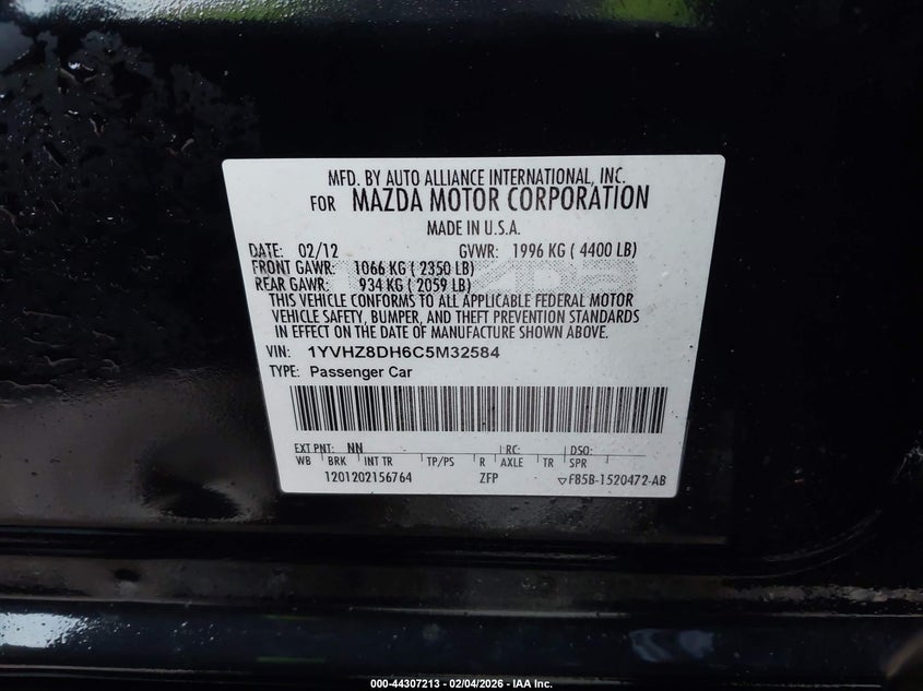 2012 Mazda 6 2.5 I Touring black Lot 111044307213 Vin 1YVHZ8DH6C5M32584