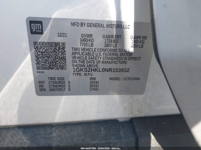 2022 GMC Yukon Xl At4 VIN: 1GKS2HKL0NR153932 Lot: 44307299