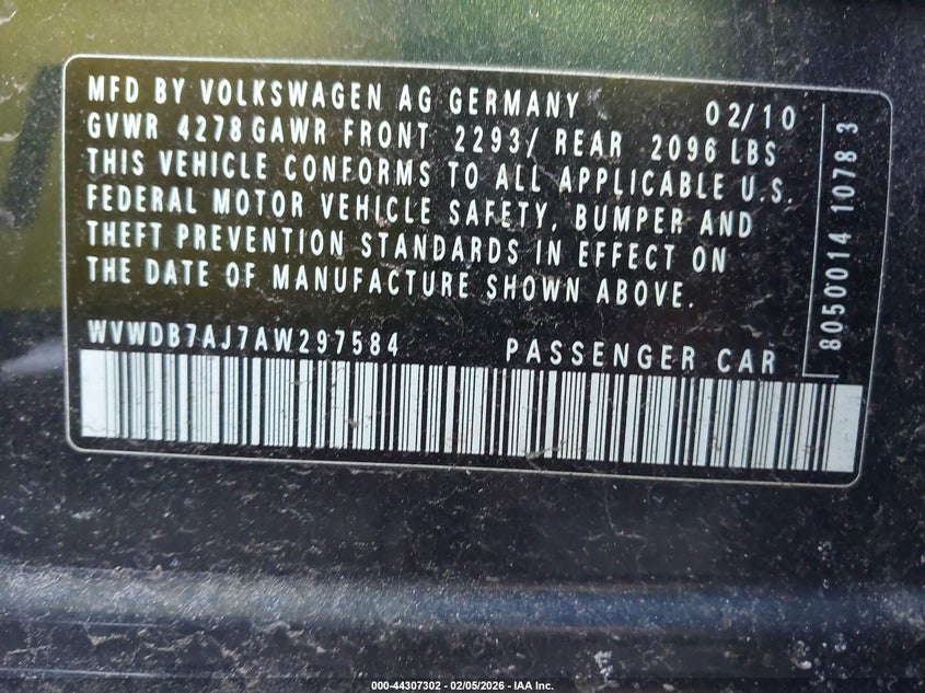 2010 Volkswagen Golf 4-Door VIN: WVWDB7AJ7AW297584 Lot: 44307302