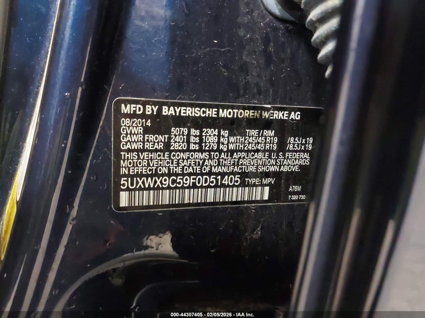 2015 BMW X3 xDrive28I VIN: 5UXWX9C59F0D51405 Lot: 44307405