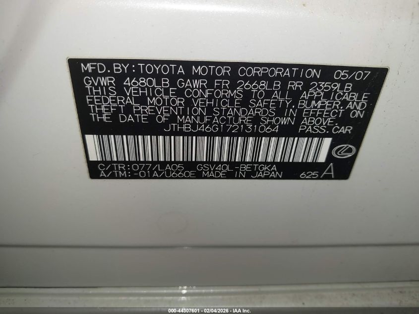 2007 Lexus Es 350 VIN: JTHBJ46G172131064 Lot: 44307601