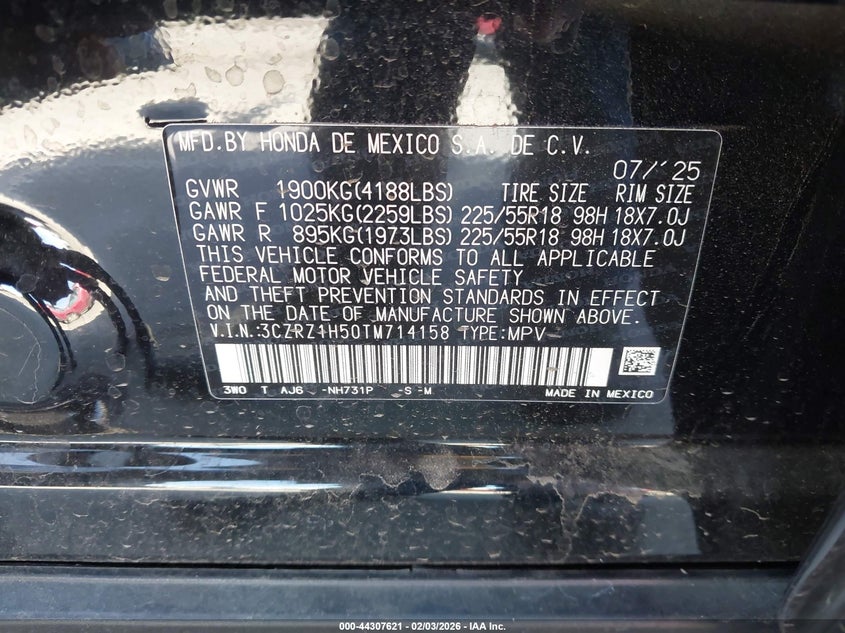 2026 HONDA HR-V 2.0L I-4 DI, DOHC, V(VIN: 3CZRZ1H50TM714158