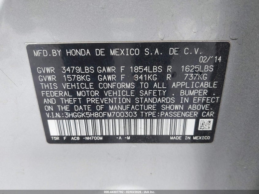 2015 Honda Fit Ex/Ex-L VIN: 3HGGK5H80FM700303 Lot: 44307792