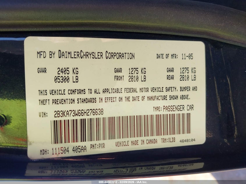 2006 Dodge Charger Srt8 VIN: 2B3KA73W66H276638 Lot: 44307812