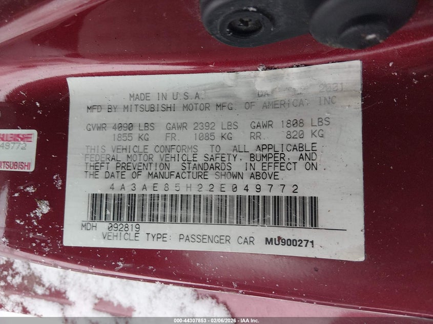 2002 Mitsubishi Eclipse VIN: 4A3AE85H22E049772 Lot: 44307853