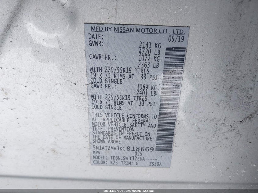 VIN 5N1AT2MV3KC818669 2019 NISSAN ROGUE SL