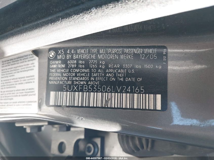 2006 BMW X5 4.4I VIN: 5UXFB53506LV24165 Lot: 44307967