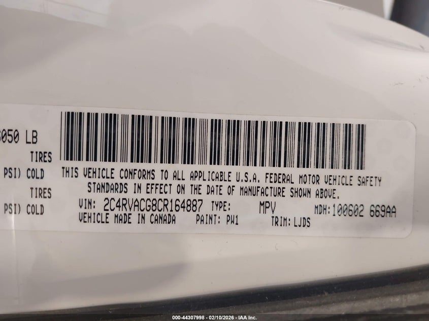 2012 Volkswagen Routan Sel VIN: 2C4RVACG8CR164887 Lot: 44307998