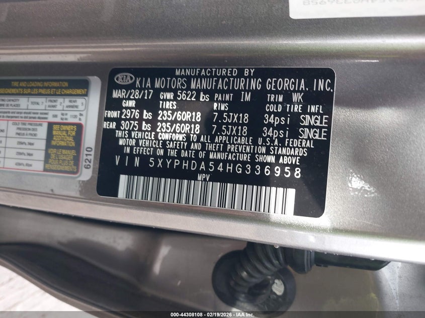 2017 Kia Sorento 3.3 3.3L Ex grey Lot 111044308108 Vin 5XYPHDA54HG336958