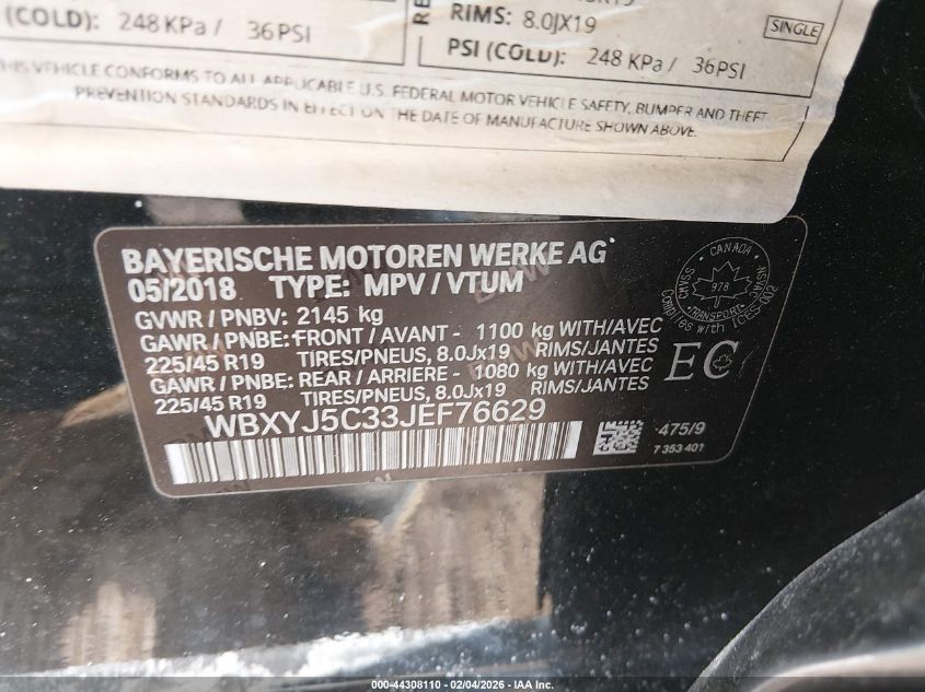 2018 BMW X2 xDrive28I VIN: WBXYJ5C33JEF76629 Lot: 44308110