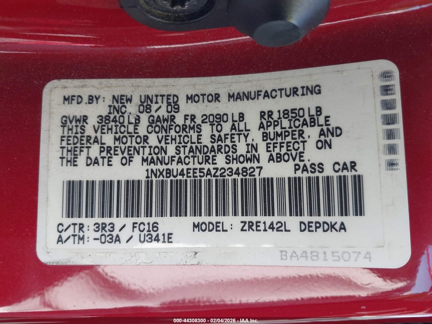 2010 Toyota Corolla Le VIN: 1NXBU4EE5AZ234827 Lot: 44308300