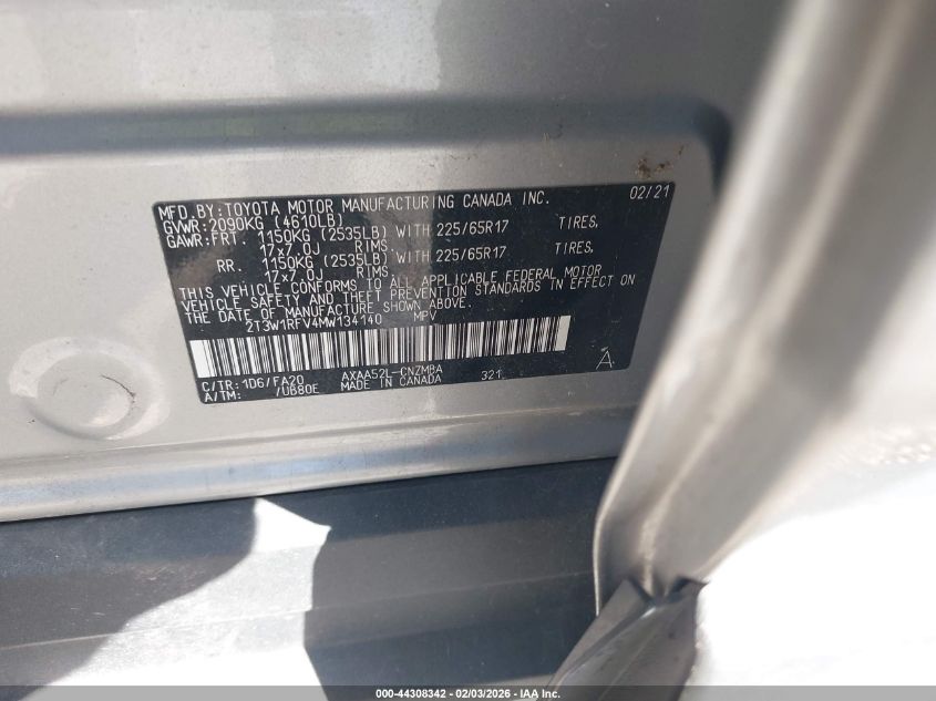 2021 Toyota Rav4 Xle VIN: 2T3W1RFV4MW134140 Lot: 44308342