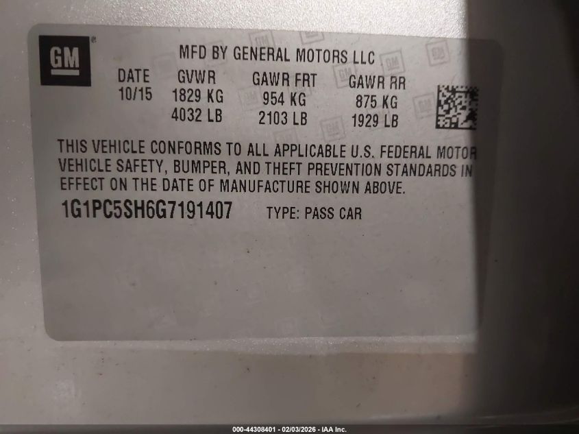 2016 Chevrolet Cruze Limited Ls Auto VIN: 1G1PC5SH6G7191407 Lot: 44308401