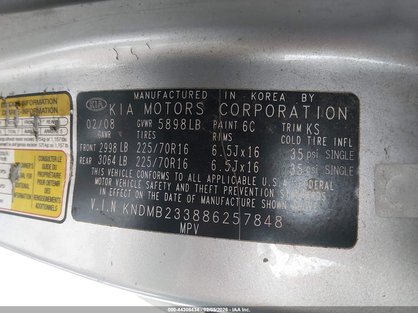 2008 Kia Sedona Ex/Lx VIN: KNDMB233886257848 Lot: 44308434