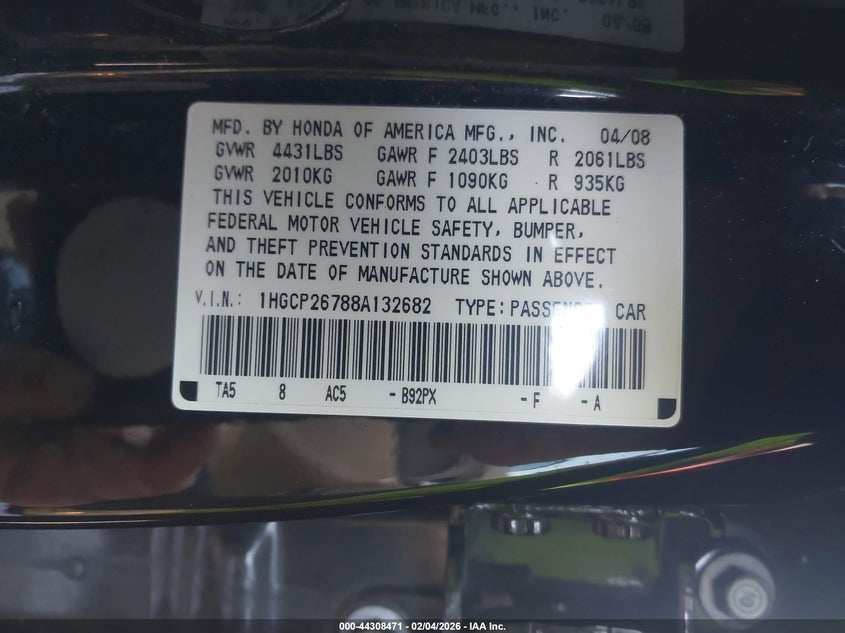 2008 Honda Accord 2.4 Ex VIN: 1HGCP26788A132682 Lot: 44308471