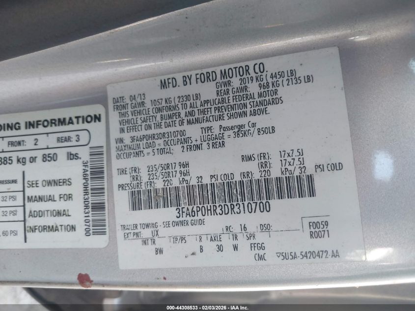 2013 Ford Fusion Se VIN: 3FA6P0HR3DR310700 Lot: 44308533