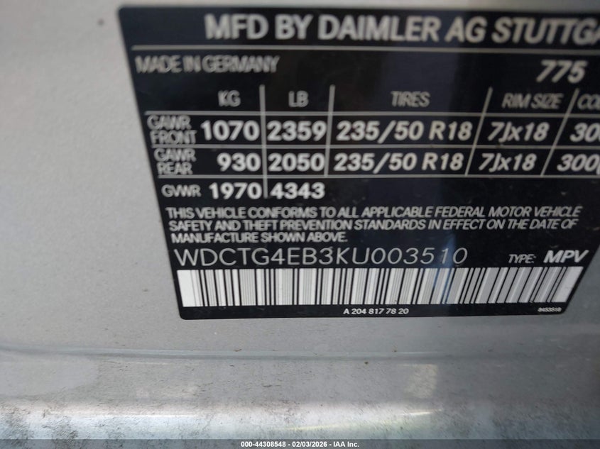 2019 Mercedes-Benz Gla 250 VIN: WDCTG4EB3KU003510 Lot: 44308548