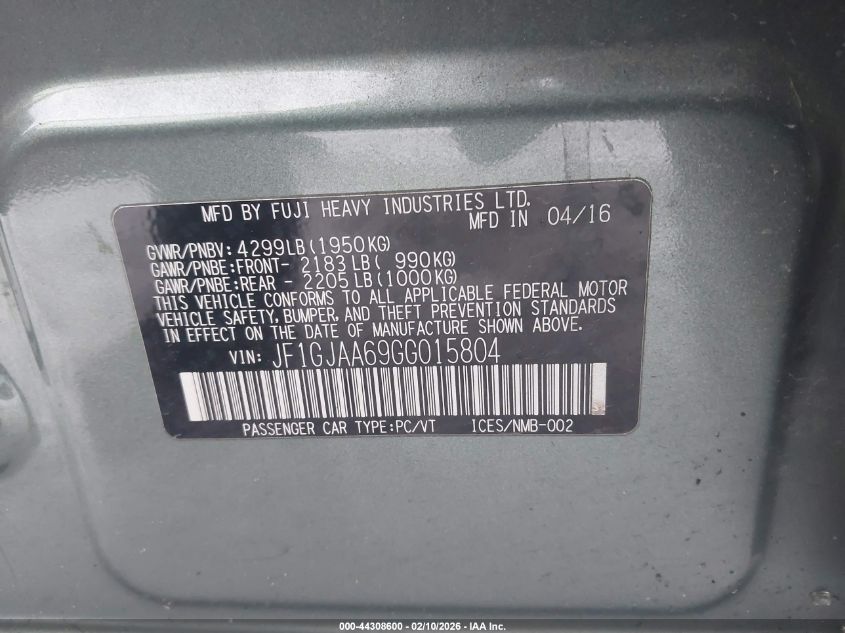 2016 Subaru Impreza 2.0I VIN: JF1GJAA69GG015804 Lot: 44308600