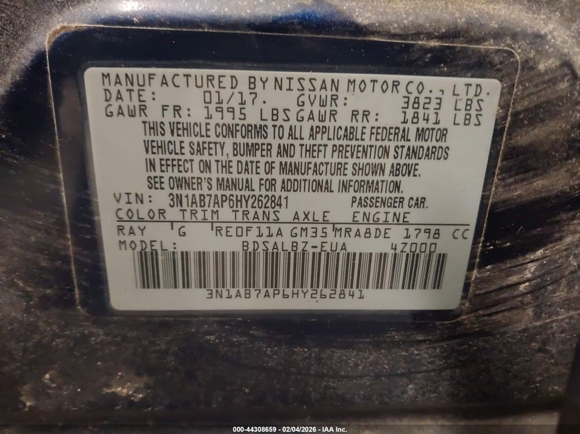 2017 Nissan Sentra S VIN: 3N1AB7AP6HY262841 Lot: 44308659