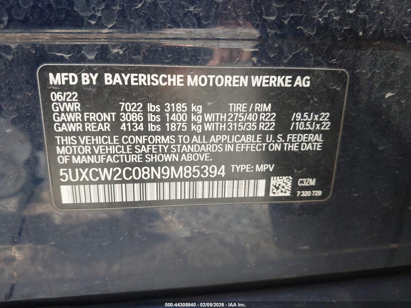2022 BMW X7 xDrive40I VIN: 5UXCW2C08N9M85394 Lot: 44308840
