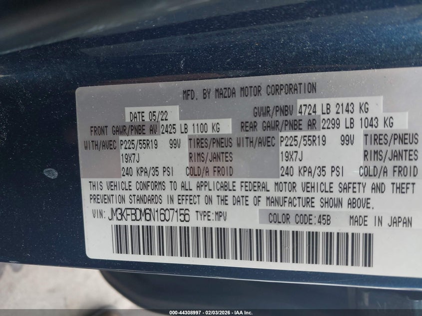 2022 Mazda Cx-5 2.5 Cx-5 Premium blue Lot 111044308997 Vin JM3KFBDM6N1607156
