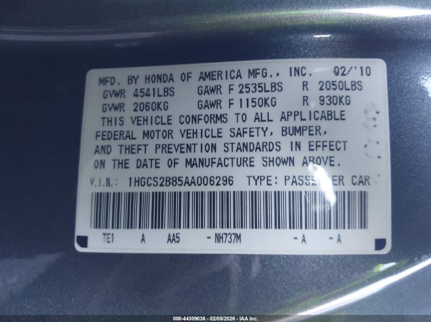 2010 Honda Accord 3.5 Ex-L VIN: 1HGCS2B85AA006296 Lot: 44309036