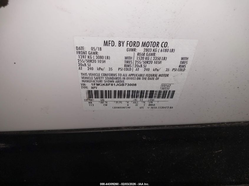 2018 Ford Explorer Limited VIN: 1FM5K8F81JGB73008 Lot: 44309260