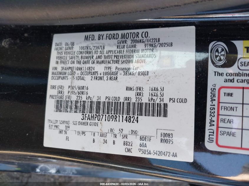 2009 Ford Fusion Se VIN: 3FAHP07109R114824 Lot: 44309430